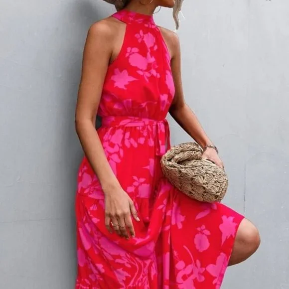 red pink floral print belted halter maxi dress - Boho - Picture 6 of 11